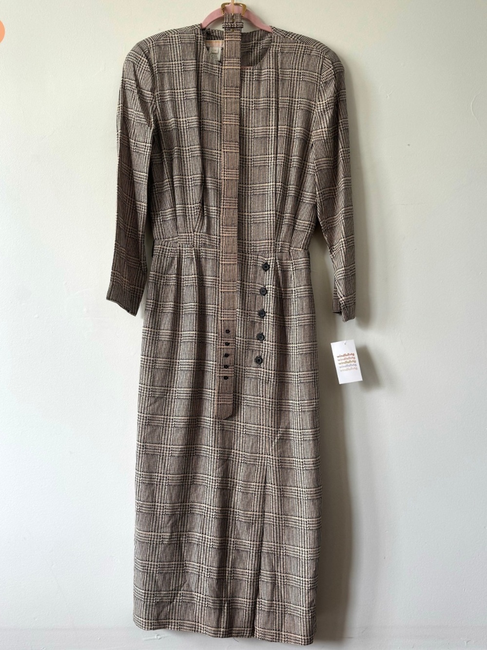 Brooks Brothers Brown Plaid Long-Sleeve Midi Dress, Vintage, Preppy, Classic